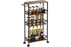 HOMEDAWN Narrow Storage Cart with Wheels, 4-Tier Narrow Kitchen Carts Slim Rolling Cart, skinny storage cart for Kitchen, Slim Storage Cart with Handle for Livingroom, Diningroom, Office（Rustic Brown, Black）