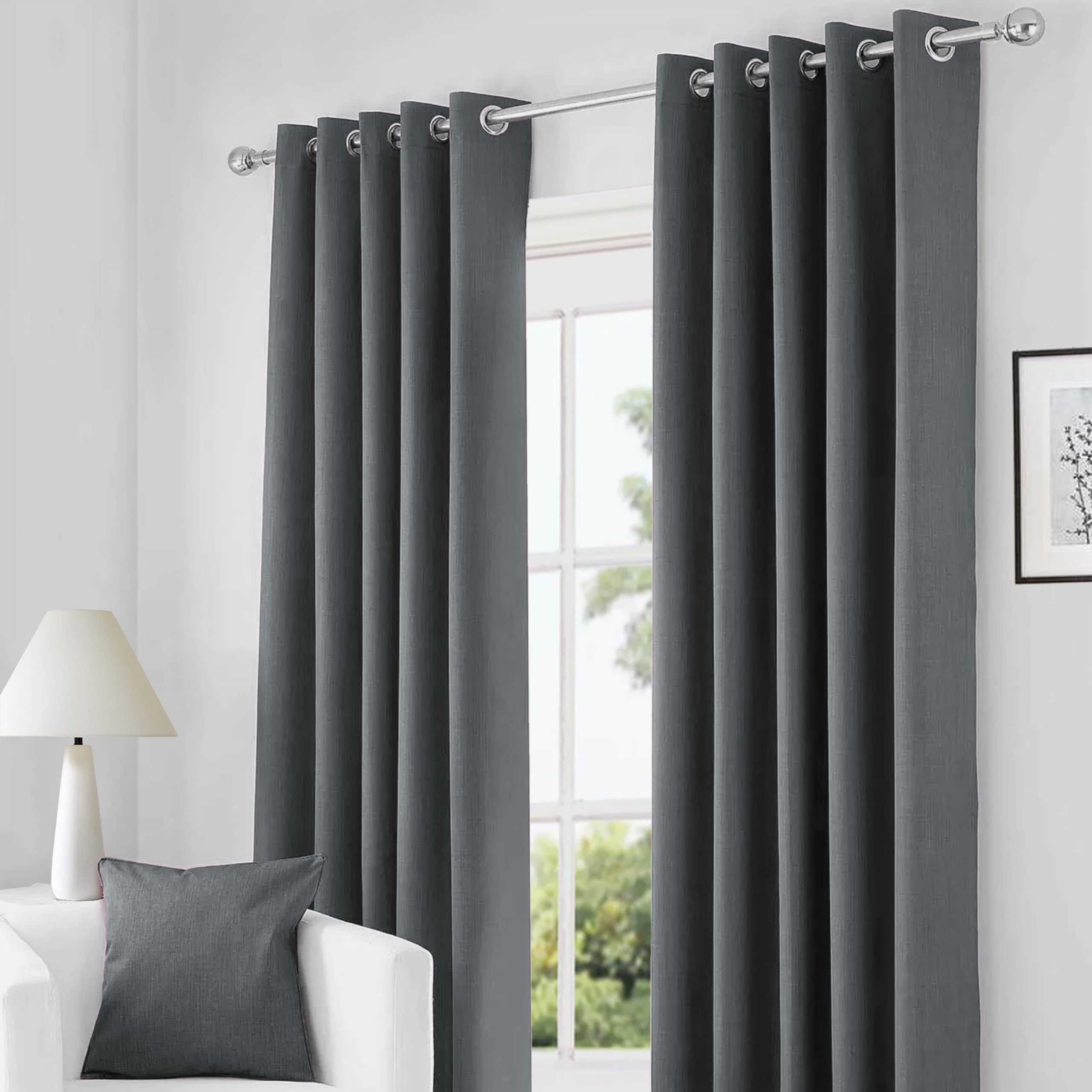 RayyanLinen Readymade Blackout Thermal Eyelet Ring Top Pair of Curtains Including 2 free Tiebacks (CHARCOAL GREY, Width 46" x Drop 54")