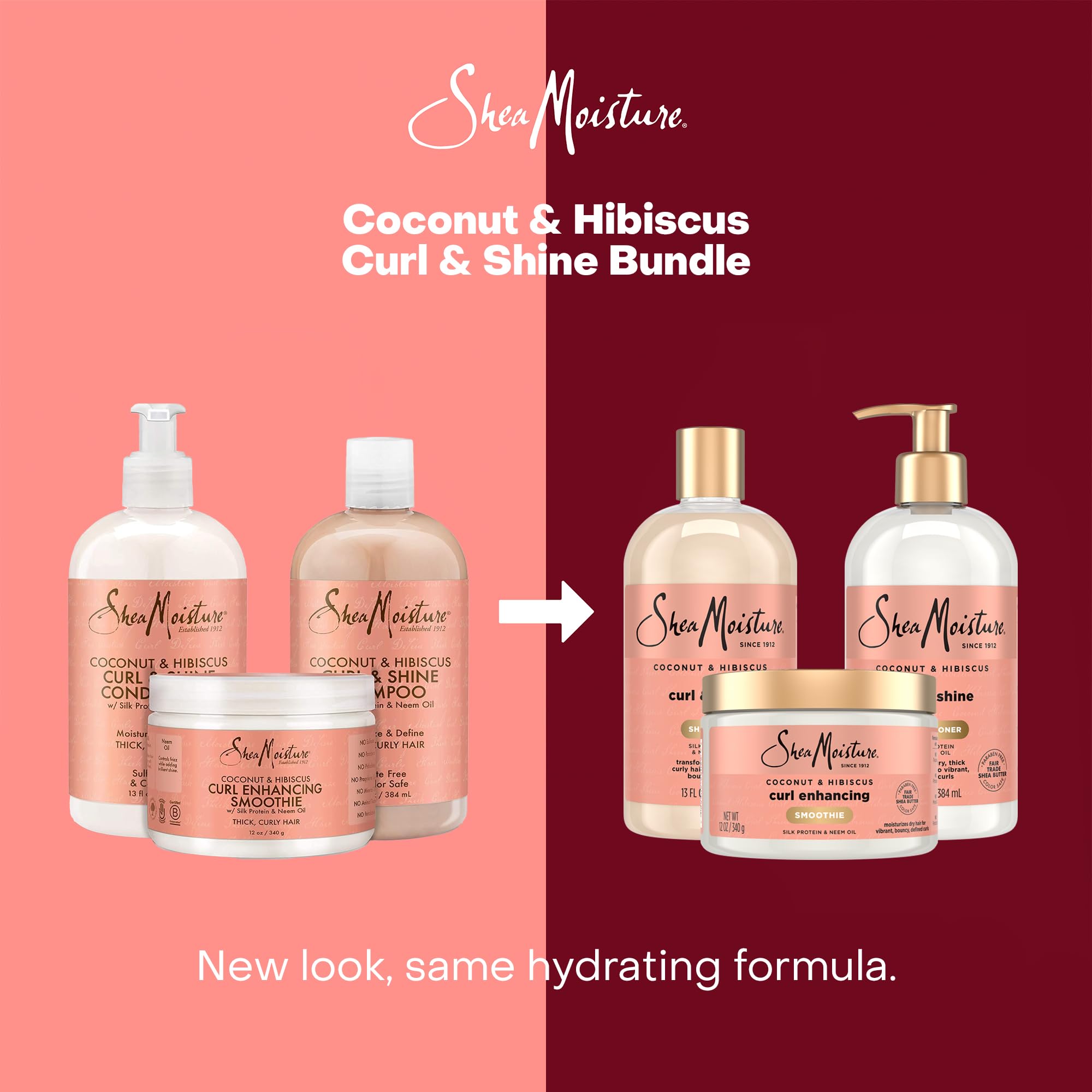 SheaMoisture Coconut & Hibiscus Curl & Shine Shampoo & Conditioner + Curl Enhancing Smoothie for Bouncy Curls, Frizz Control