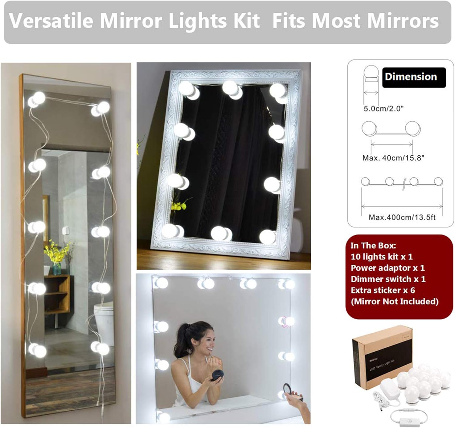 Waneway Vanity Lights for Mirror, DIY Hollywood Lighted Makeup Vanity Mirror with Dimmable Lights, Stick on LED Mirror Light Kit for Vanity Set, Plug in Makeup Light for Bathroom Wall Mirror, 10-Bulb: Home & Kitchen