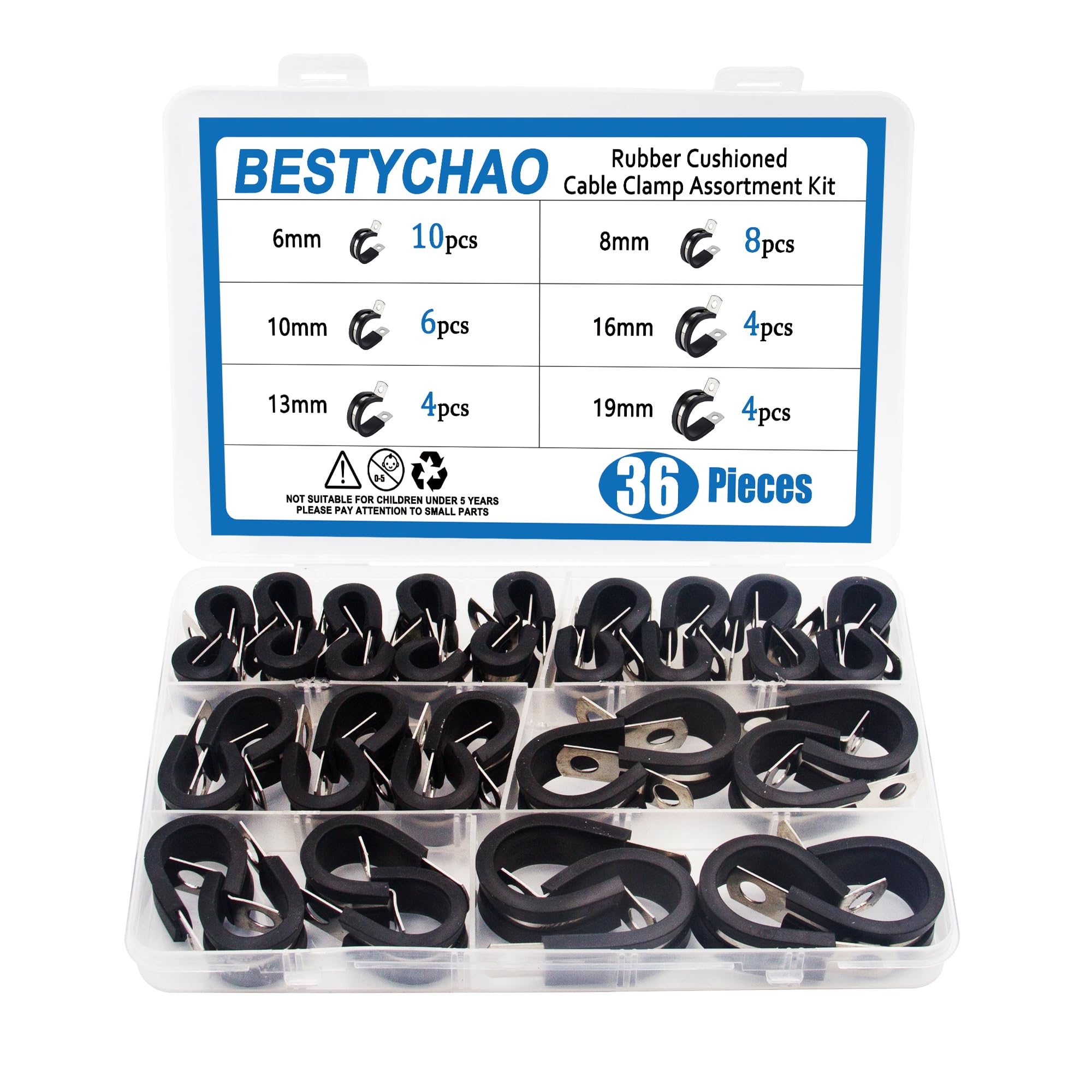 BESTYCHAO 36PCS 6Size Pipe Clamps Assortment Kit, Stainless Steel Hose Clips 6mm 8mm 10mm 13mm 16mm 19mm, Rubber Lined P Clips for Plumbing,Tube,Pipe,Cable