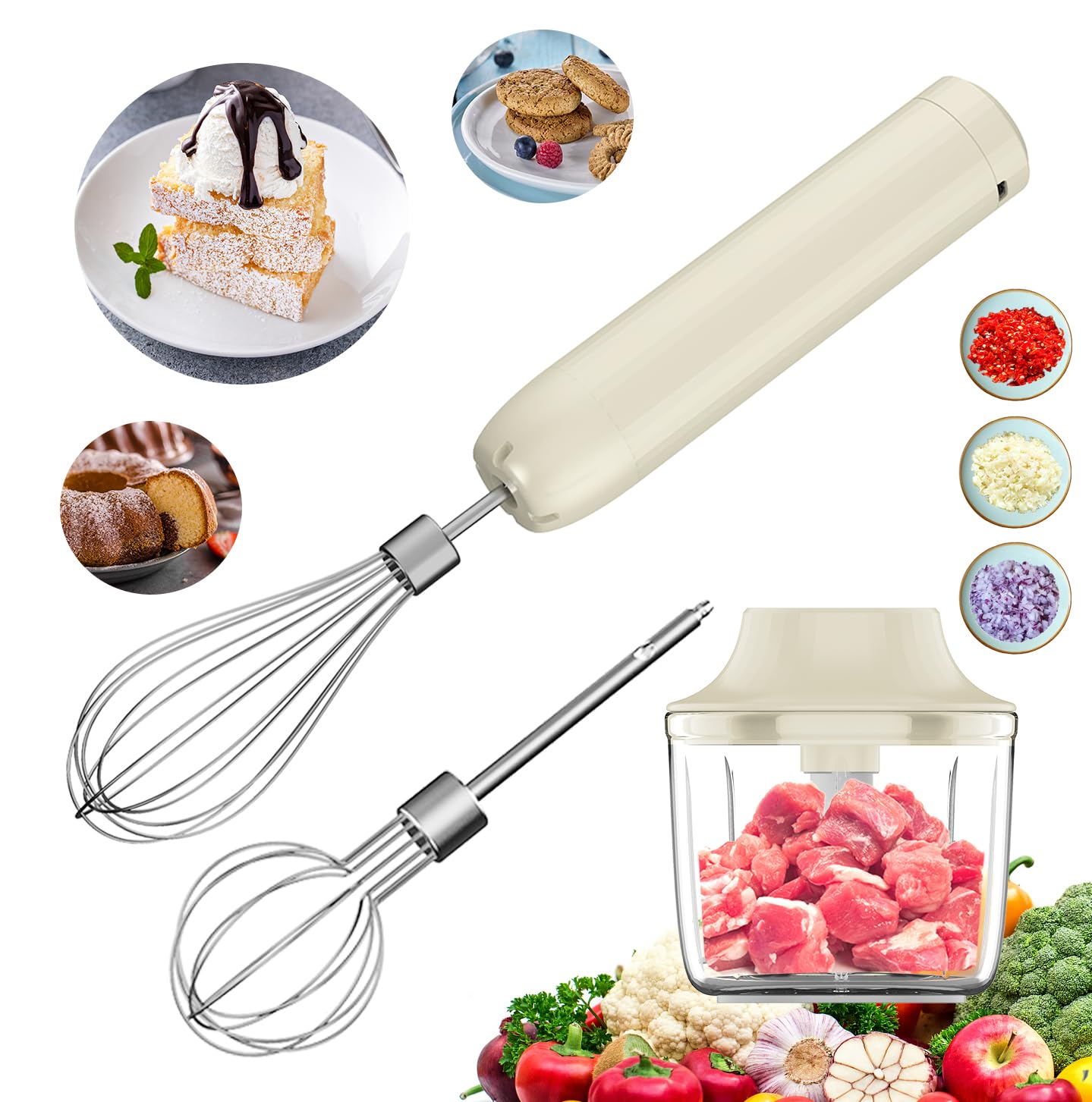 3-in-1 Elektrischer Schneebesen, PowCube Handmixer, Kleiner Kabelloser Stabmixer, Mini Zwiebelhacker 300ML, Wiederaufladbarer Elektrischer Schneebesen, Tragbarer 4-Gang-Handmixer