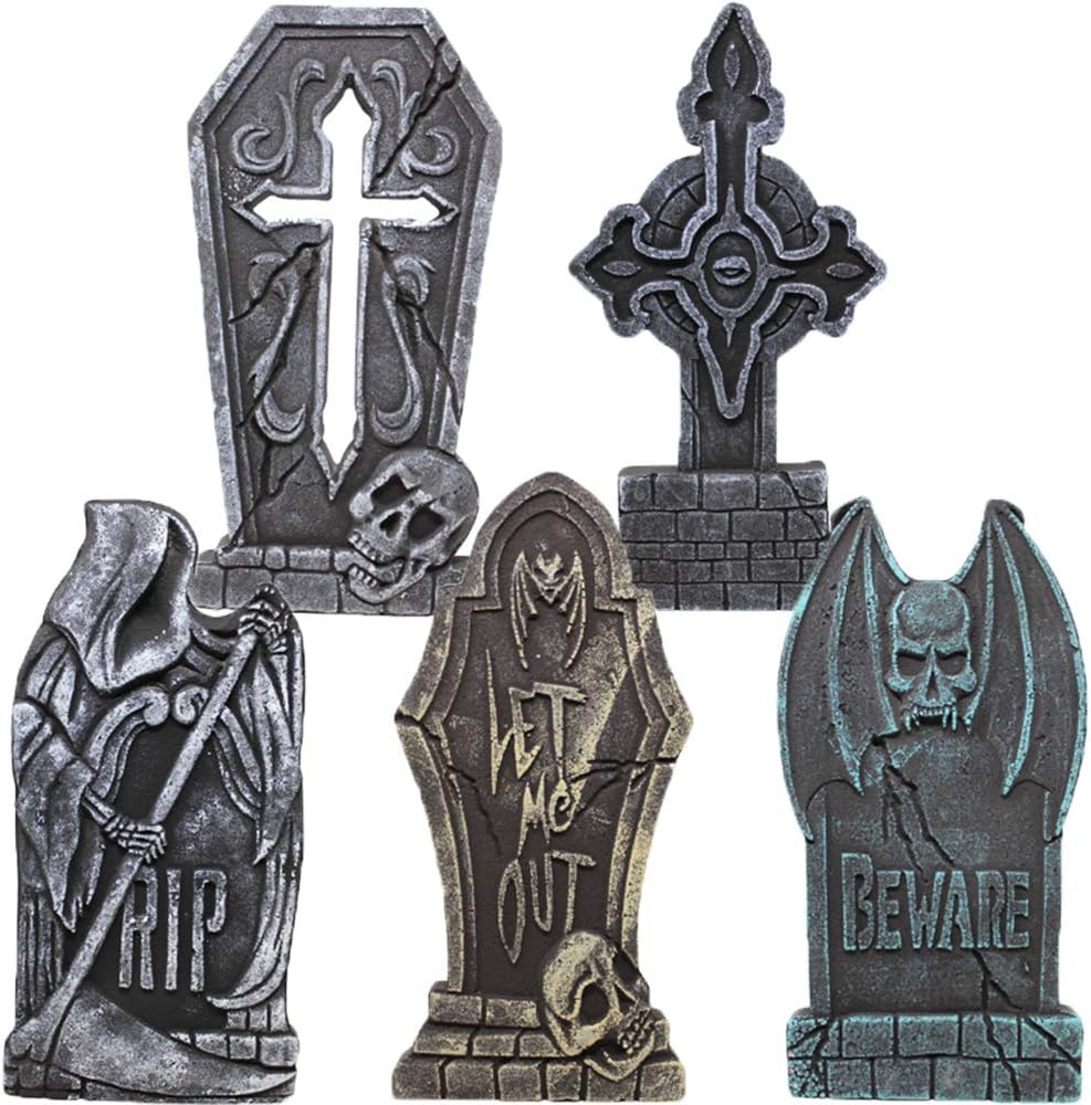 Decorative Garden Stakes - JOYIN 17” Halloween Foam RIP Graveyard Tombstones (5 Pack), Headstone Decorations and 12 Bonus Metal Stakes for Halloween Yard Decorations