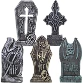 JOYIN 17&rdquo; Halloween Decorations Outdoor Tombstones, 5 Pack Halloween Foam Graveyard Headstone Decorations with 12 Bonus Metal Stakes for Yard Lawn Outside Decor