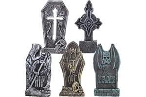 JOYIN 17” Halloween Decorations Outdoor Tombstones, 5 Pack Halloween Foam Graveyard Headstone Decorations with 12 Bonus Metal Stakes for Yard Lawn Outside Decor