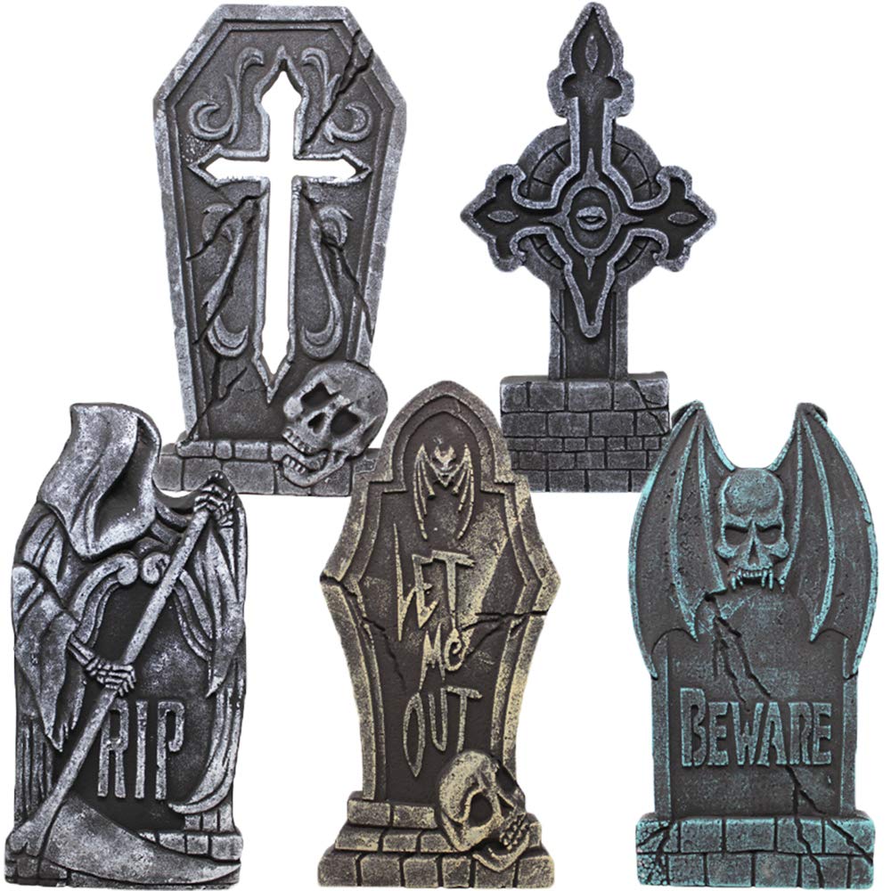Photo 1 of JOYIN 17” Halloween Decorations Outdoor Tombstones, 5 Pack Halloween Foam Graveyard Headstone Decorations with 12 Bonus Metal Stakes for Yard Lawn Outside Decor