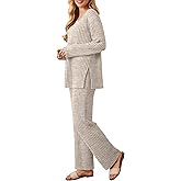 Sweetyweee Women's 2 Pieces Ribbed Knit Lounge Sets, V Neck Long Sleeve Side Slit Tops Wide Leg Loose Pants Pajama Fall Sets