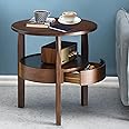 Round Coffee Table with Hidden Drawer - 20" D x 20" H Natural Wood Side Table with Drawer, 2-Tier Rustic Retro End Table with Storage, Small Coffee Table for Living Room, Dark Brown