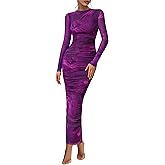 PRETTYGARDEN Womens Long Sleeve Maxi Dresses 2026 Spring Ruched Bodycon Floral Mesh Formal Wedding Guest Cocktail Party Dress