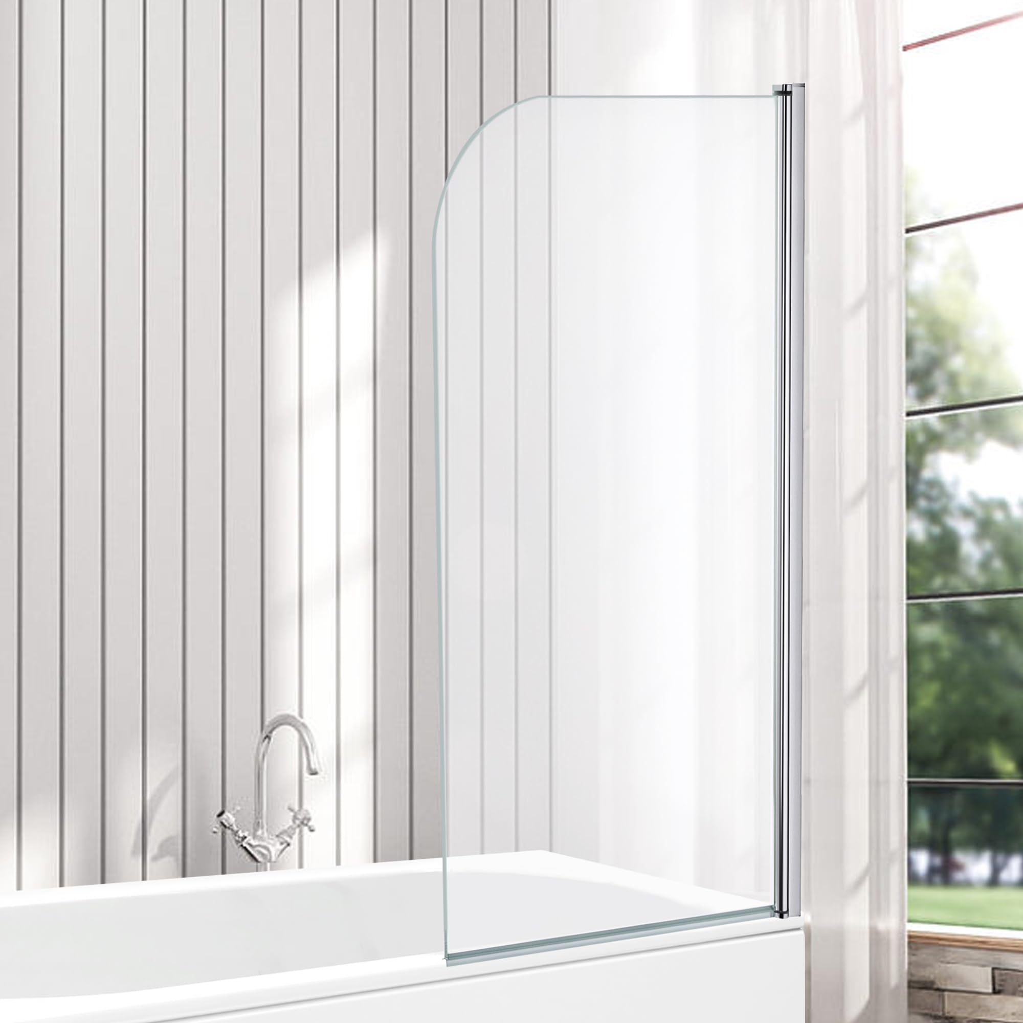 VeeBath Bath Screen Pivot Bath Shower Tempered Glass Screen Reversible Door Panel - 800 x 1400mm, Jade Round