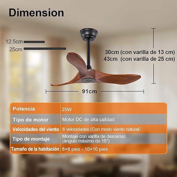 BOJUE 36 INCH SOLID WOOD CEILING FANS WITHOUT LIGHTS, 6 SPEEDS,REVERSIBLE DC MOTOR, NOISELESS, BLACK CEILING FAN NO LIGHT, MODERN INDOOR OUTDOOR CEILING FAN WITH REMOTE FOR PATIO LIVING ROOM BEDROOM