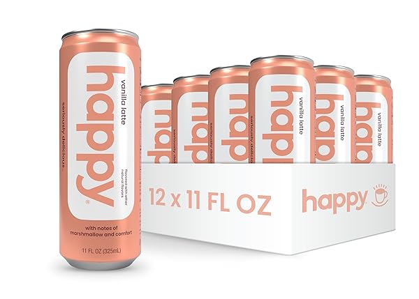 HAPPY COFFEE CANNED VANILLA LATTE, 11 OZ. CANS, 12 PACK, NOTES OF MARSHMALLOW & COMFORT, 100% ARABICA BEANS, NO ARTIFICIAL FLAVORS OR SWEETENERS