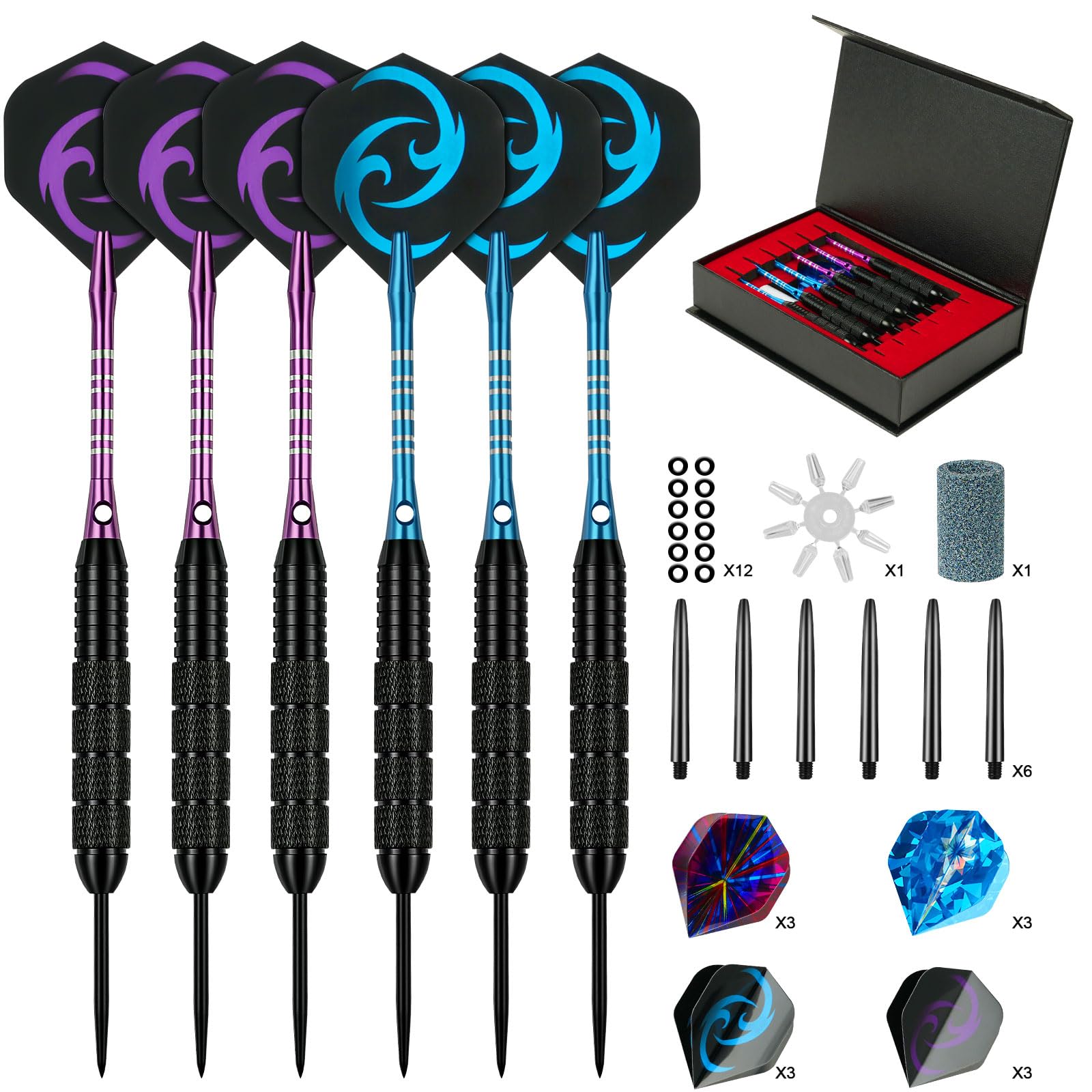 flintronic 6 Pack Steel Darts Set, Professional 24g Darts Tip with Non-Slip Stainless Steel Shaft, 4 Style Poly Flights, PVC Shafts, Dart Sharpener, Rubber Rings, Flight Protecter