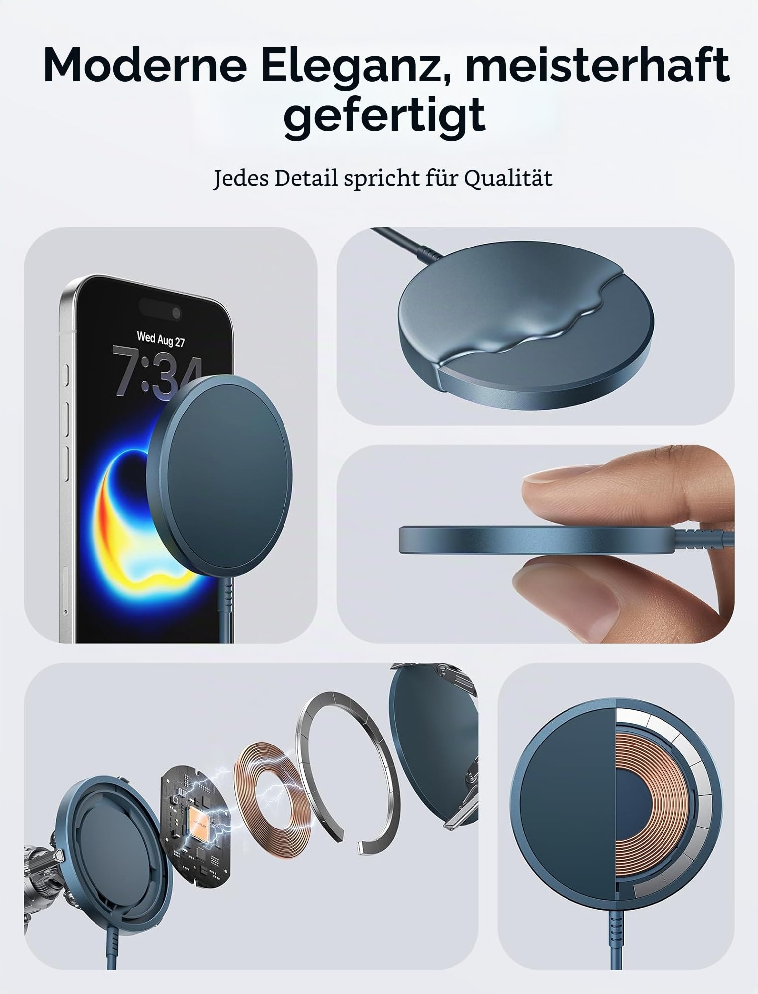 Mag-Safe Ladegerät 15W, JSAUX Wireless Charger Induktive Ladestation-Blau 5