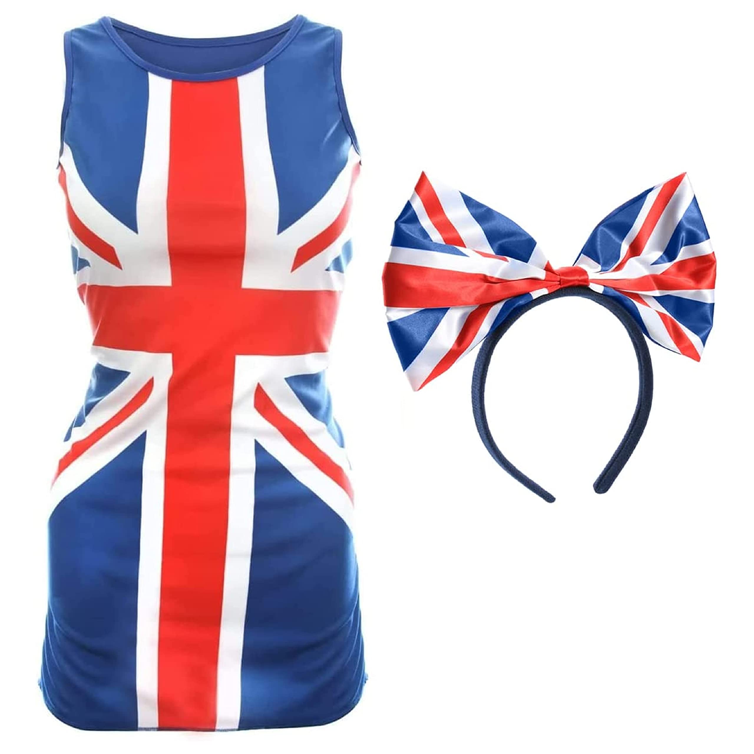 VE Day Ladies Union Jack Dress and Bow Headband - Small - Blue Dress with Union Jack Flag Design and Union Jack Bow on a Headband - King's Coronation Street Party Fancy Dress Costume