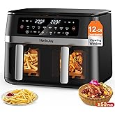 HoninJoy 12QT Large Dual Basket Air Fryer with Viewing Window and 50pcs Paper Liners, 10-in-1 Digital Touchscreen Double Zone Air Fryers, SyncCook to Bake,Roast,Reheat,Broil, Nonstick Dishwasher Safe