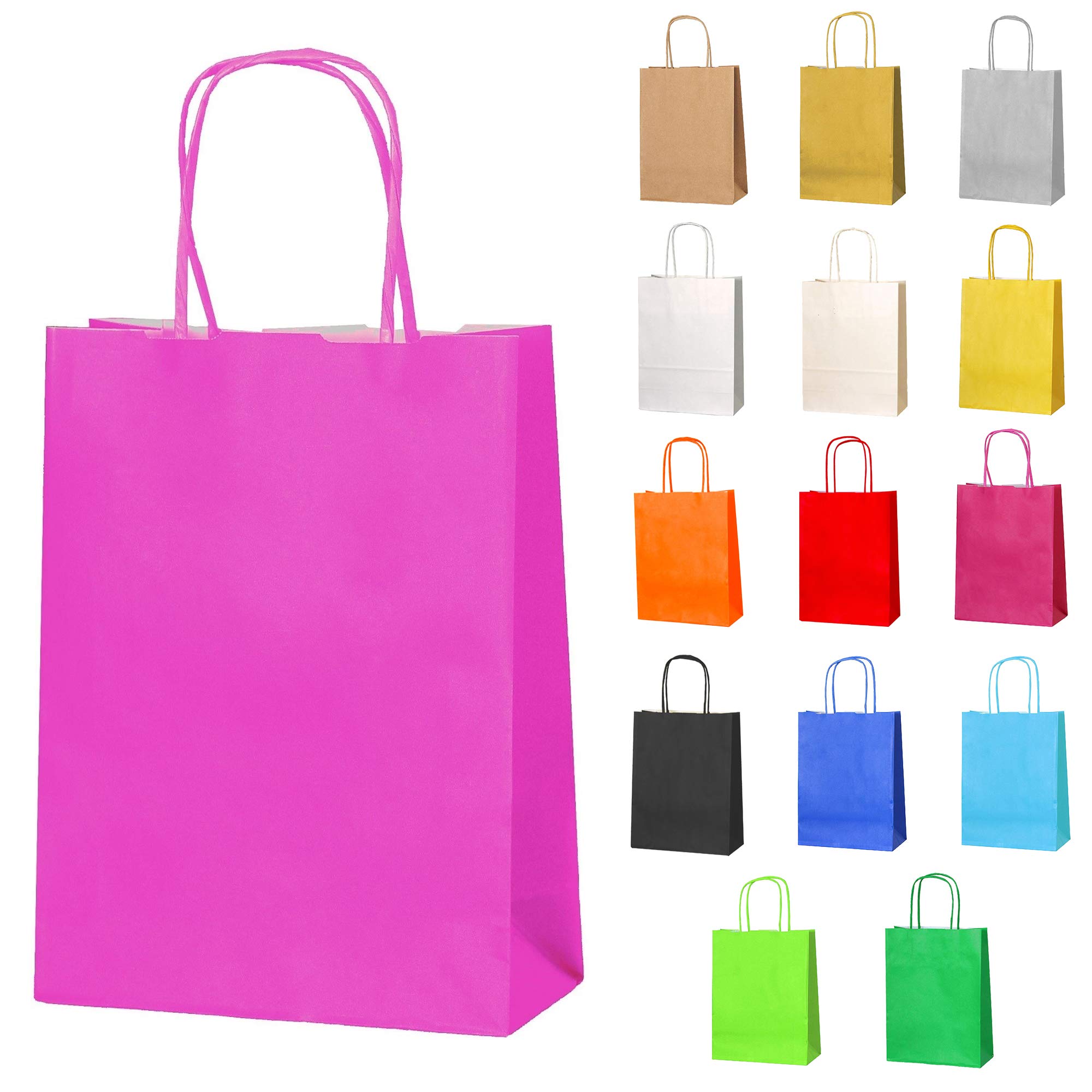 Thepaperbagstore 30 Hot Pink Small Paper Party Bags With Handles - 18x22x8cm - Colourful Paper Gift Bags for Kids and Adults Parties, Birthdays, Weddings, Baby Showers, Hen Parties and Sweets