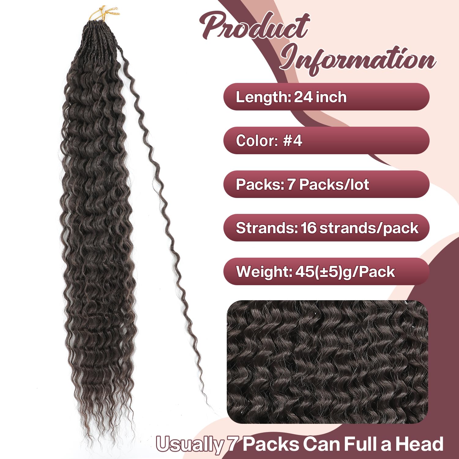 Condition photo showing As Is for getgal 24inch 7packs deep wave curly crochet hair brown ocean wave hair pre looped goddess box braid