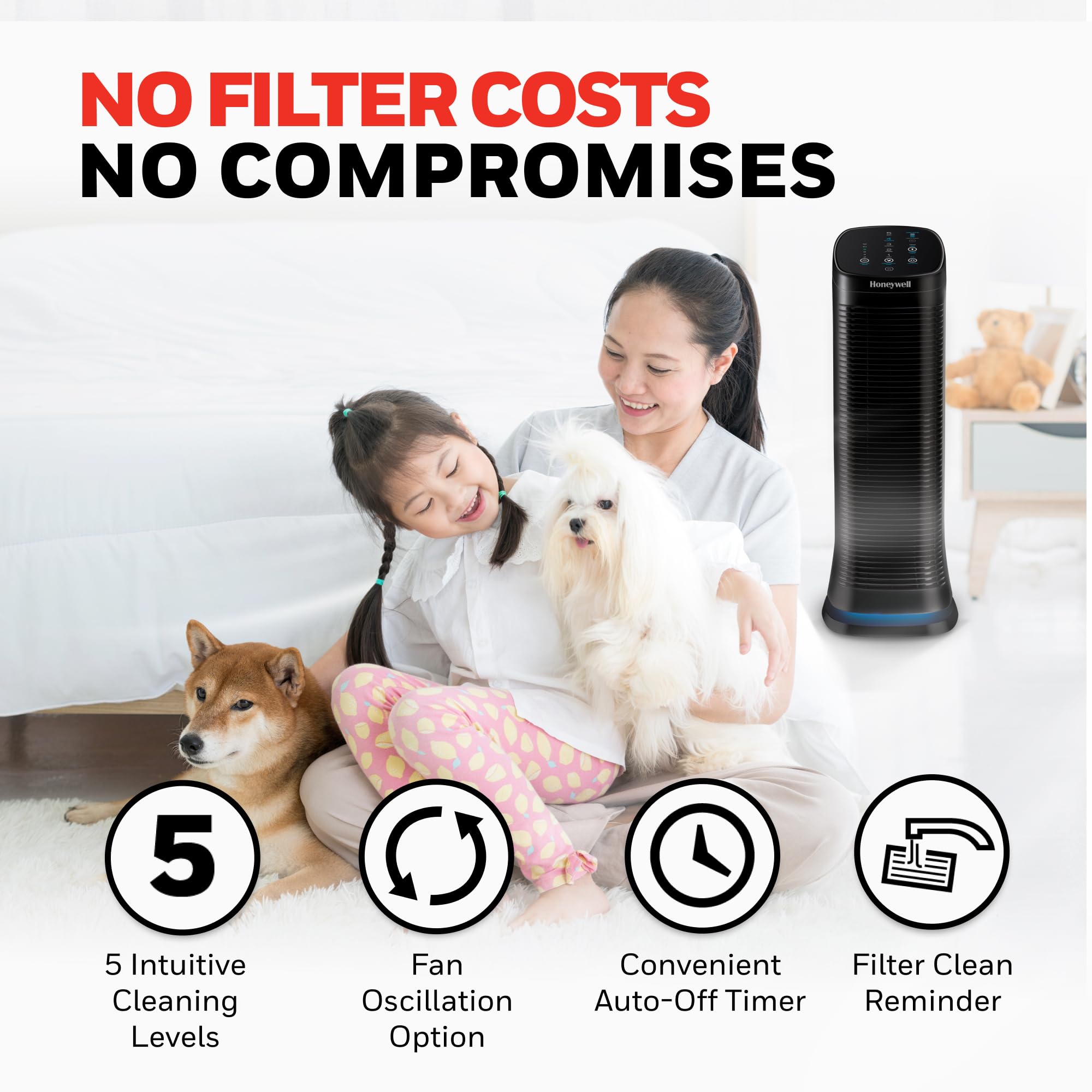 Honeywell Air Genius 5 Air Purifier for Large Rooms up to 1200 Ft², Permanent Washable Filters, Reduces Dust, Pollen, Pet Dander, Odors, Smoke, Black, HFD320