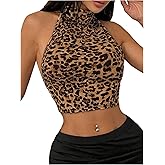RoseSeek Women's Cheetah Backless Halter Top Sleeveless Tie Back Crop Tank Tops Going Out Outfits