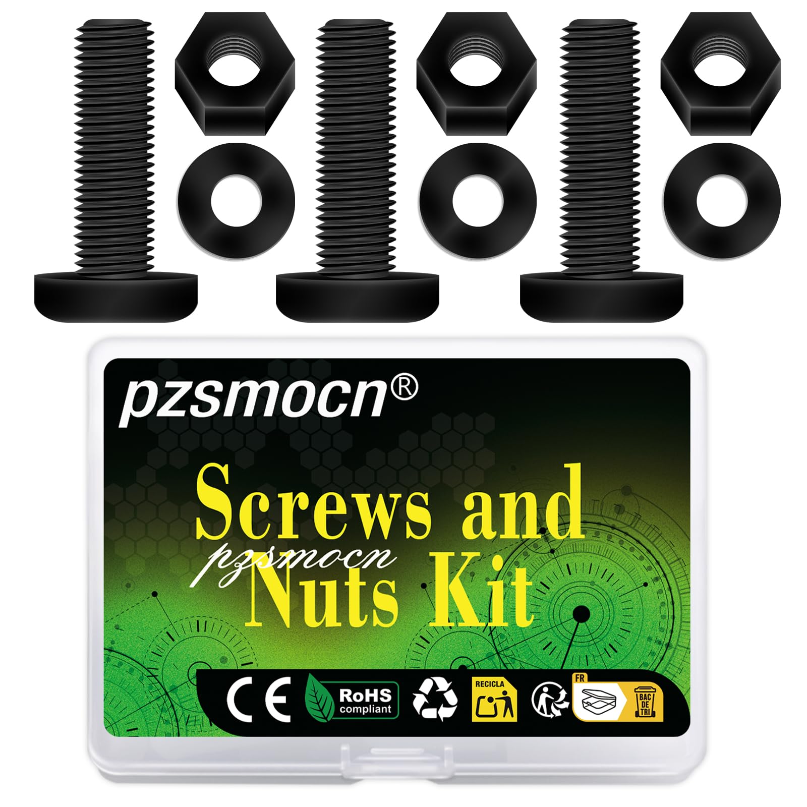Pzsmocn 150 Pieces/50 Sets M6*25 mm Plastic Black Nylon Cross Round Head Screw Hexagonal Nut Combination Kit, with Insulating Washers, Standard Size, For DIY and Electronic Assembly.