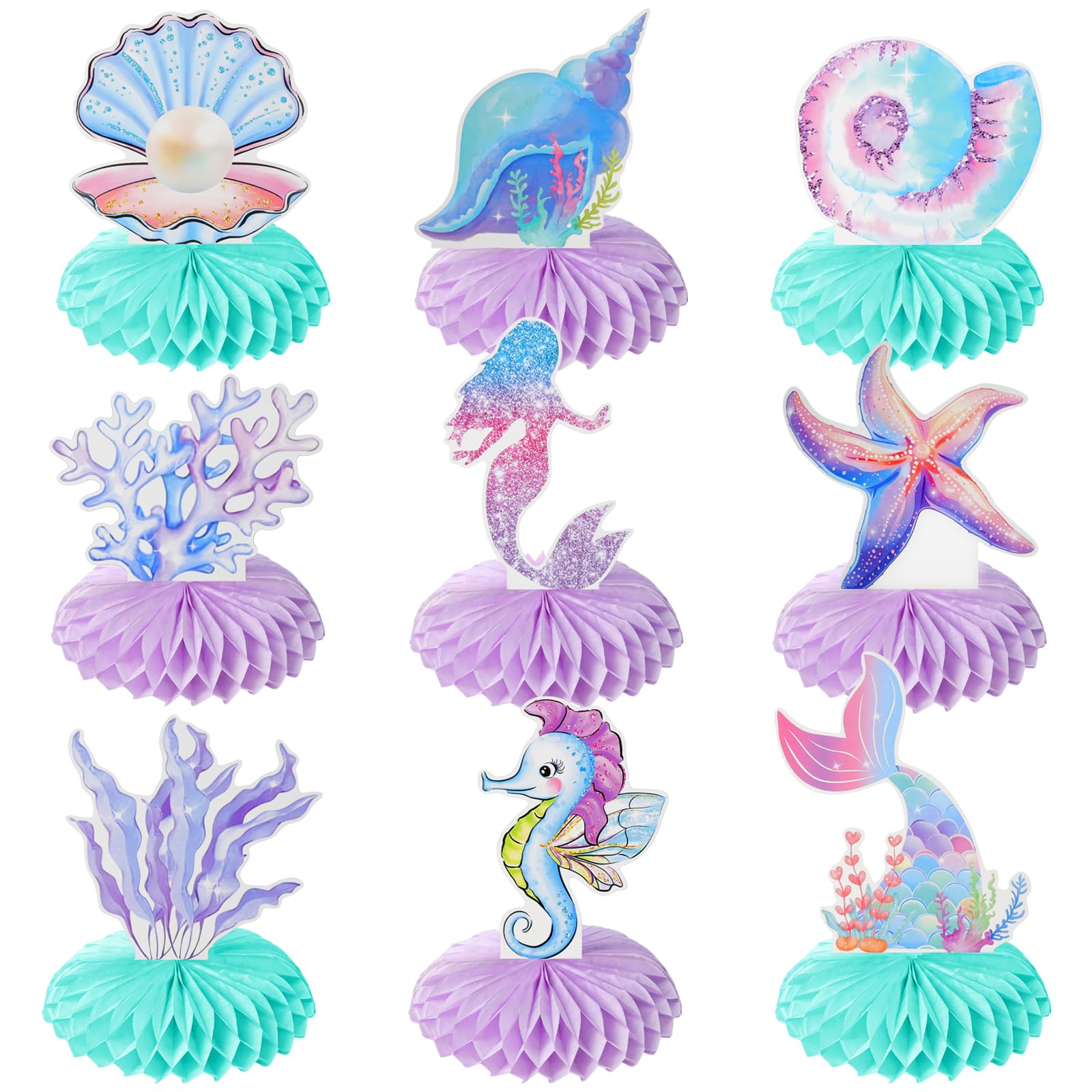 9PCS 3D Mermaid Birthday Honeycomb Centerpieces for Under Mermaid Theme Party Decorations The Sea Party Decorations Ocean Mermaid Theme Table Honeycomb for Men Women