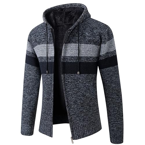Lu's Chic Men's Full Zip Hoodie Winter Striped Long