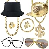 Kysppreu Hip Hop Costume Kit 80s 90s Rapper Accessories Outfits for Men Women Gold Chain Bracelet Dollar Sign Ring Halloween