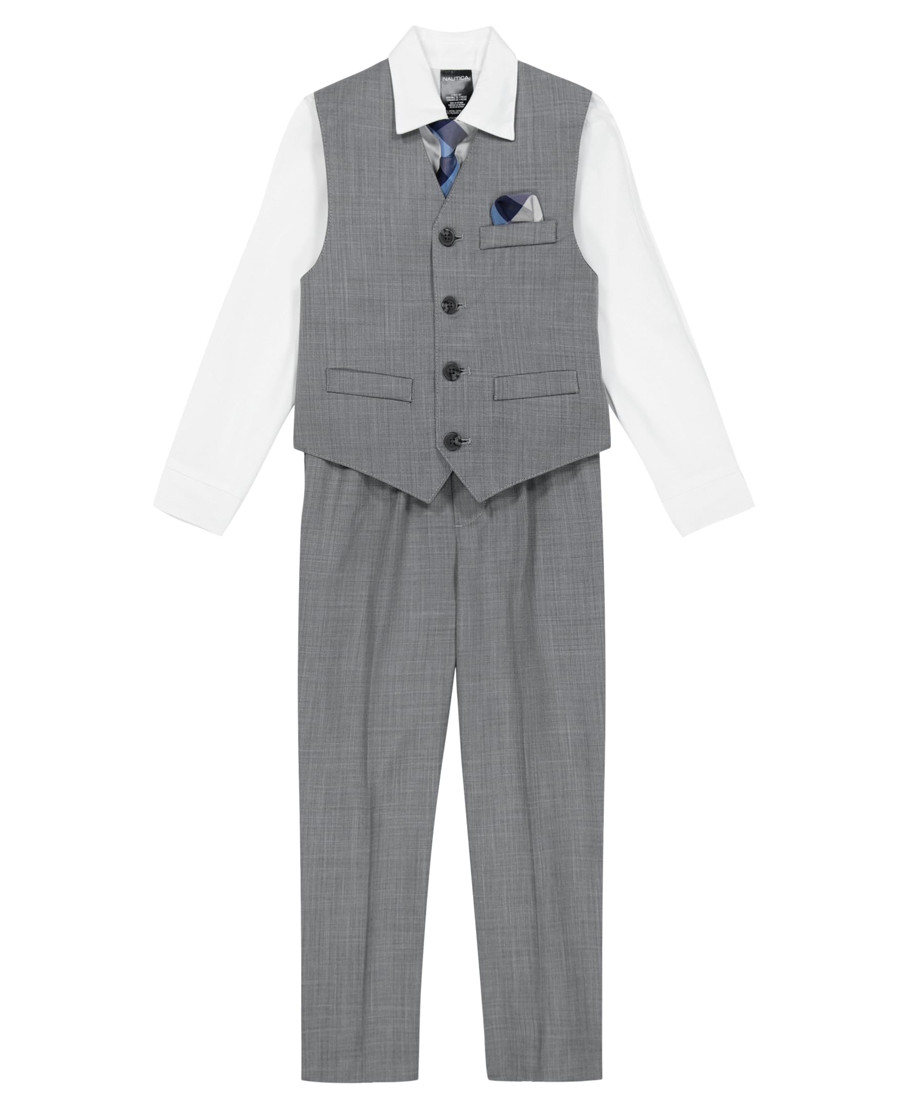 Nautica Boys' 4-Piece Vest Set with Dress Shirt, Tie, Vest, and Pants, Light Grey Deco Sharkskin, 2T Image Nautica Boys' 4-Piece Vest Set with Dress Shirt, Tie, Vest, and Pants, Light Grey Deco Sharkskin, 2T Image