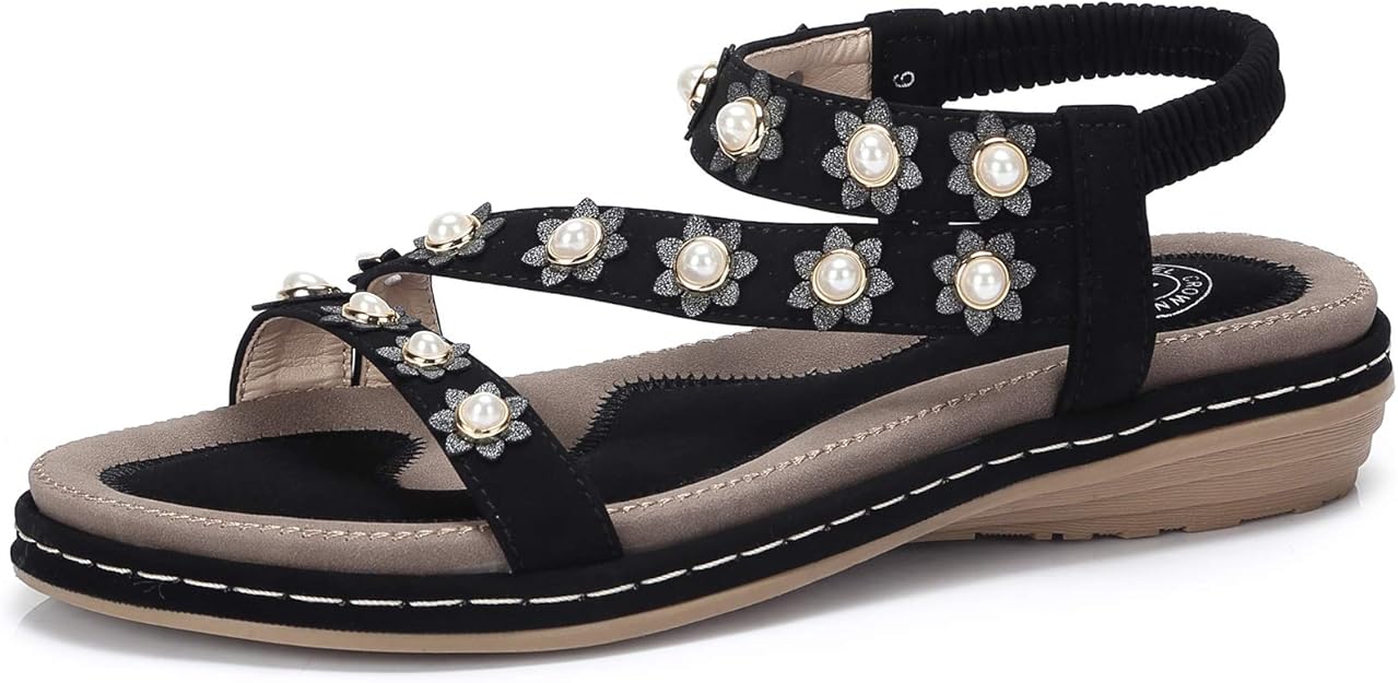 Amazon.com | CAMEL CROWN Women's Summer Flat Sandals with Bohemian Rhinestone Adjustable Ankle 