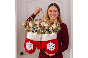 Twinkling Christmas Mitten Wreath with 120 LED Lights, Christmas Mitten & Stocking Wreaths with Faux Pine Branches, Red Berri