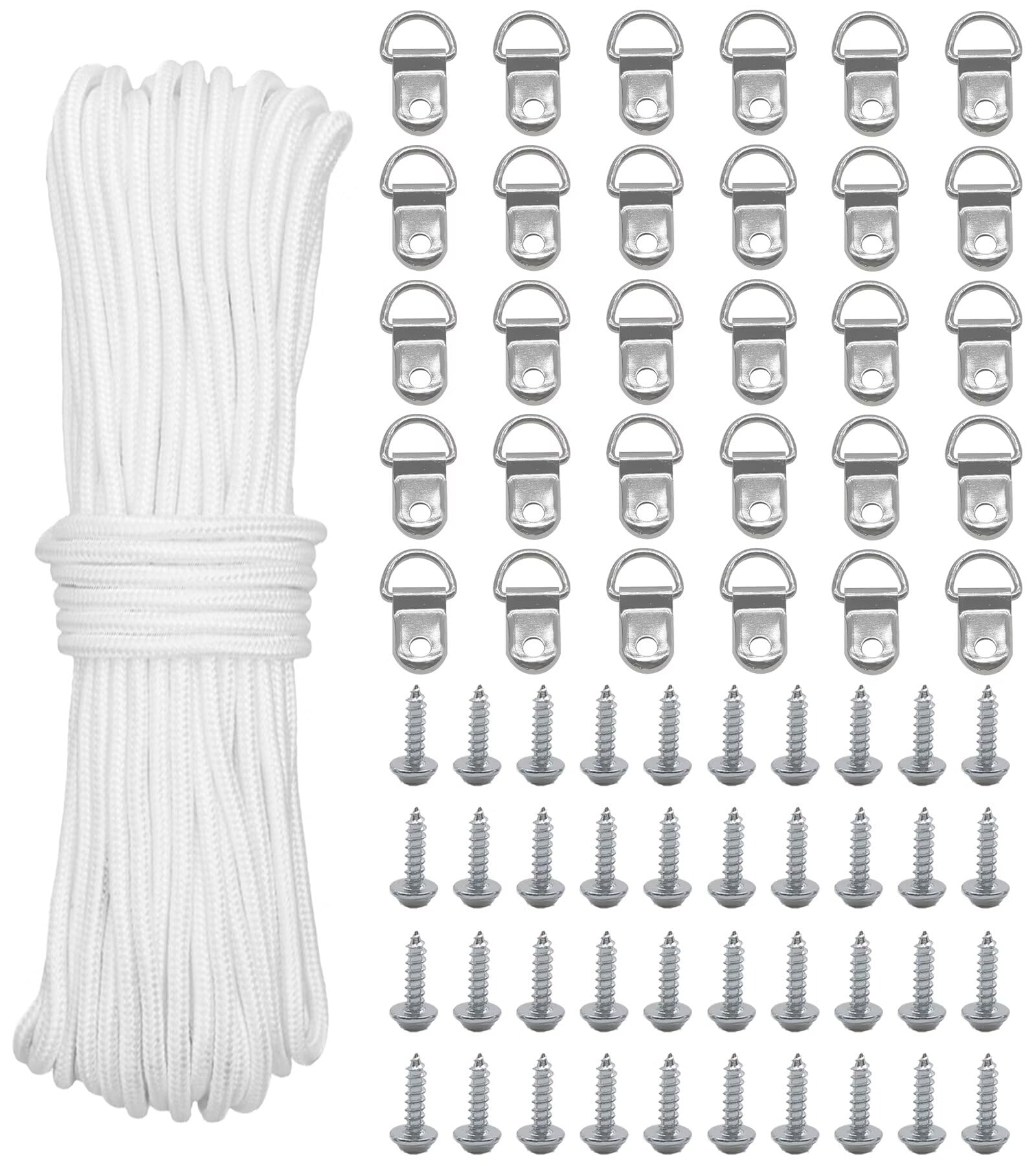 KAXIMON 30M x 2mm Picture Hanging Cord, White Strong Nylon Picture Hanging Wire, Picture Frame Hanging String with 30 D-Ring Hooks and 40 Screws