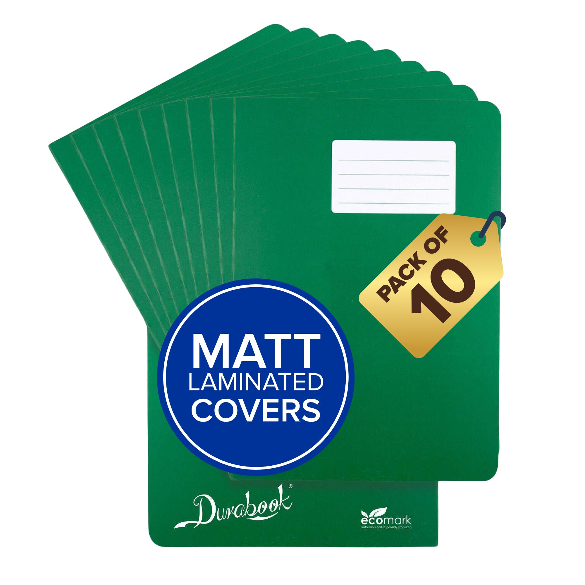 Durabook A4 8mm F&M Dark Green Exercise Books Pack of 10, 80 Page School Exercise Book, Durable Matt Laminated Water-Resistant Cover, Ruled & Margin Notebook A4 Paper, Great Home & School Supplies