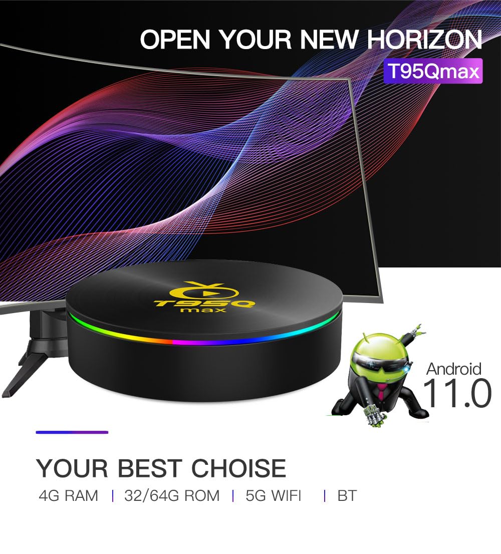 Amlogic S905X4 Android 11.0 T95Q Max 4GB RAM 64GB ROM 4K Ultra HD H.265 Dual Band WiFi BT4.0 2.4/5Ghz WiFi 100M LAN USB 3.0