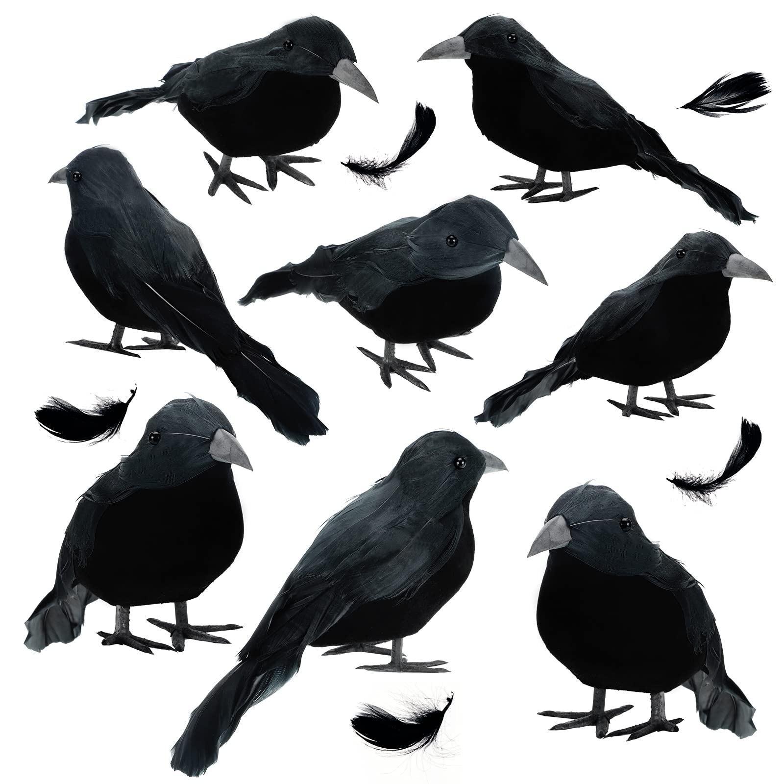 Photo 1 of Jetec 8 Pack Halloween Black Feathered Crows Black Birds Handmade Realistic Crow with Real Feathers Ravens Prop for Yard Tree Garden Patio Indoor Outdoor Halloween Party Decoration Supply