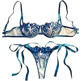 Verdusa Women's 2 Piece Floral Lace Bow Lingerie Set Embroidery Sheer Push Up Bra with Tied Side Thong