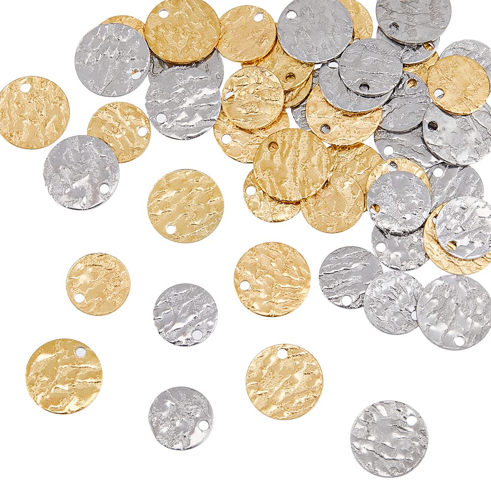 HOBBIESAY 48pcs 4 Styles Flat Round Tags Textured Stamping Blanks Charms 304 Stainless Steel Golden and Silver Tag Pendants Coin Charms for Jewelry Making Hole: 0.8-1mm