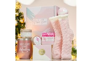 NAHA FLUME Christmas Gifts for Women - 6pc Spa Tumbler White Elephant Gifts Box - Womens Gifts for Christmas - Secret Santa Gifts for Women - Includes Wine Tumbler, Straw, Candle, Bath Bomb, Bar Soap, Card.