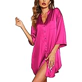 Ekouaer Satin Nightgowns for Women Silk Sleepwear Button Down Sleepshirt 3/4 Sleeve V-Neck Nightshirts with Pockets