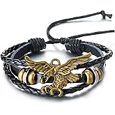 COOLSTEELANDBEYOND Flying Eagle Black Braided Leather Bracelet Multi-Strand Leather Wristband Wrap Bracelet for Men