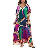 IMAGEKOPE Women's Plus Size Loose Fit Moroccan Print V-Neck Batwing Kaftan Beach Dress Bathing Suit Cover Up