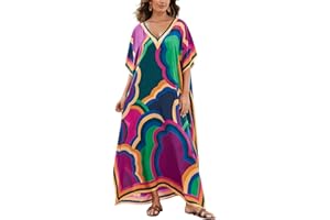 IMAGEKOPE Women's Plus Size Loose Fit Moroccan Print V-Neck Batwing Kaftan Beach Dress Bathing Suit Cover Up