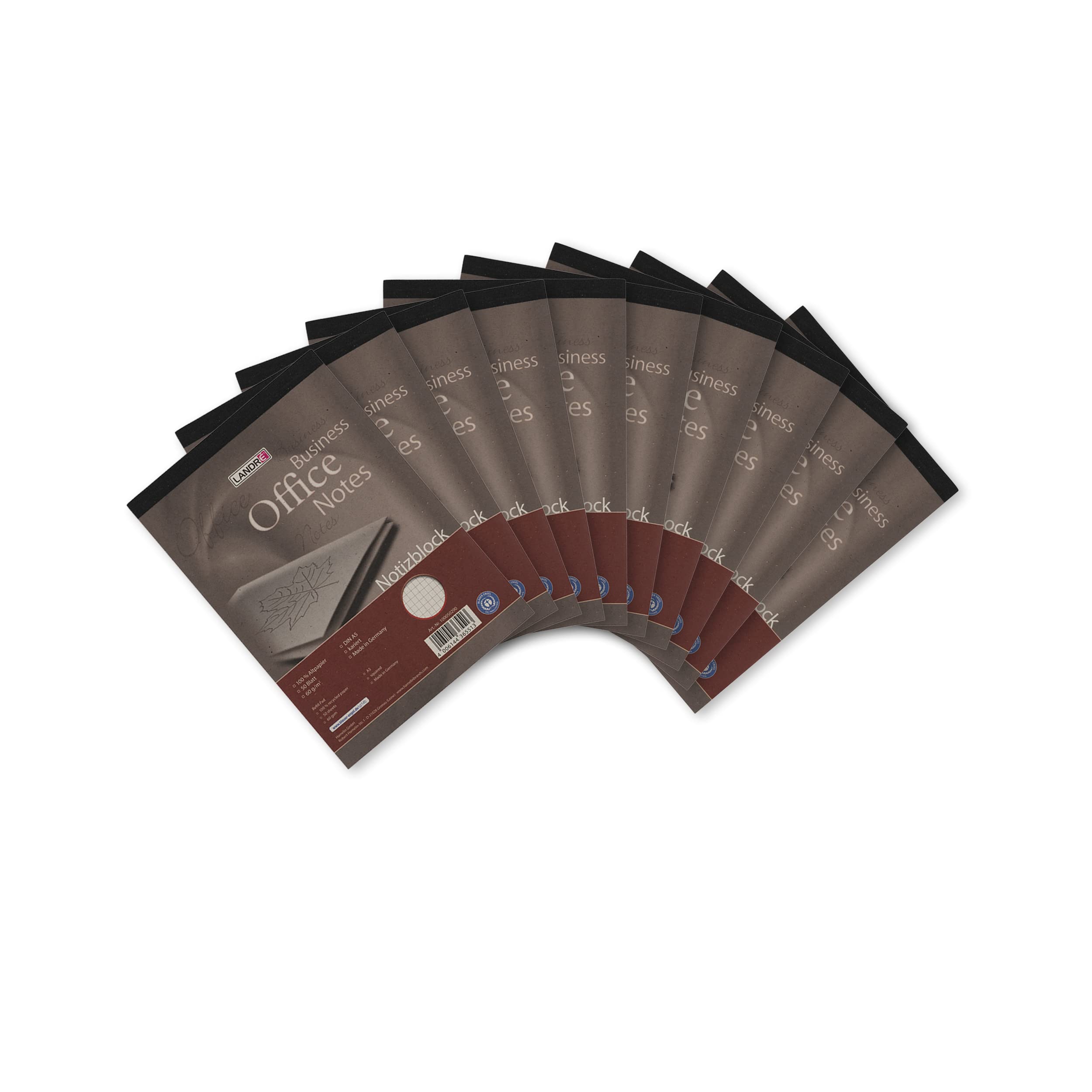 Landre 100050282 A4 Notepad with 50 Perforated Pages of Squared 60 GSM Recycled Paper [Pack of 10] Notepad"Recycling", DIN A5, 50 Pages, Chequered