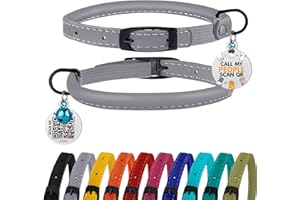 BRONZEDOG Cat Collar with Bell Kitten Rolled Leather Collars Safety QR ID Name Tag (Smoke Grey)