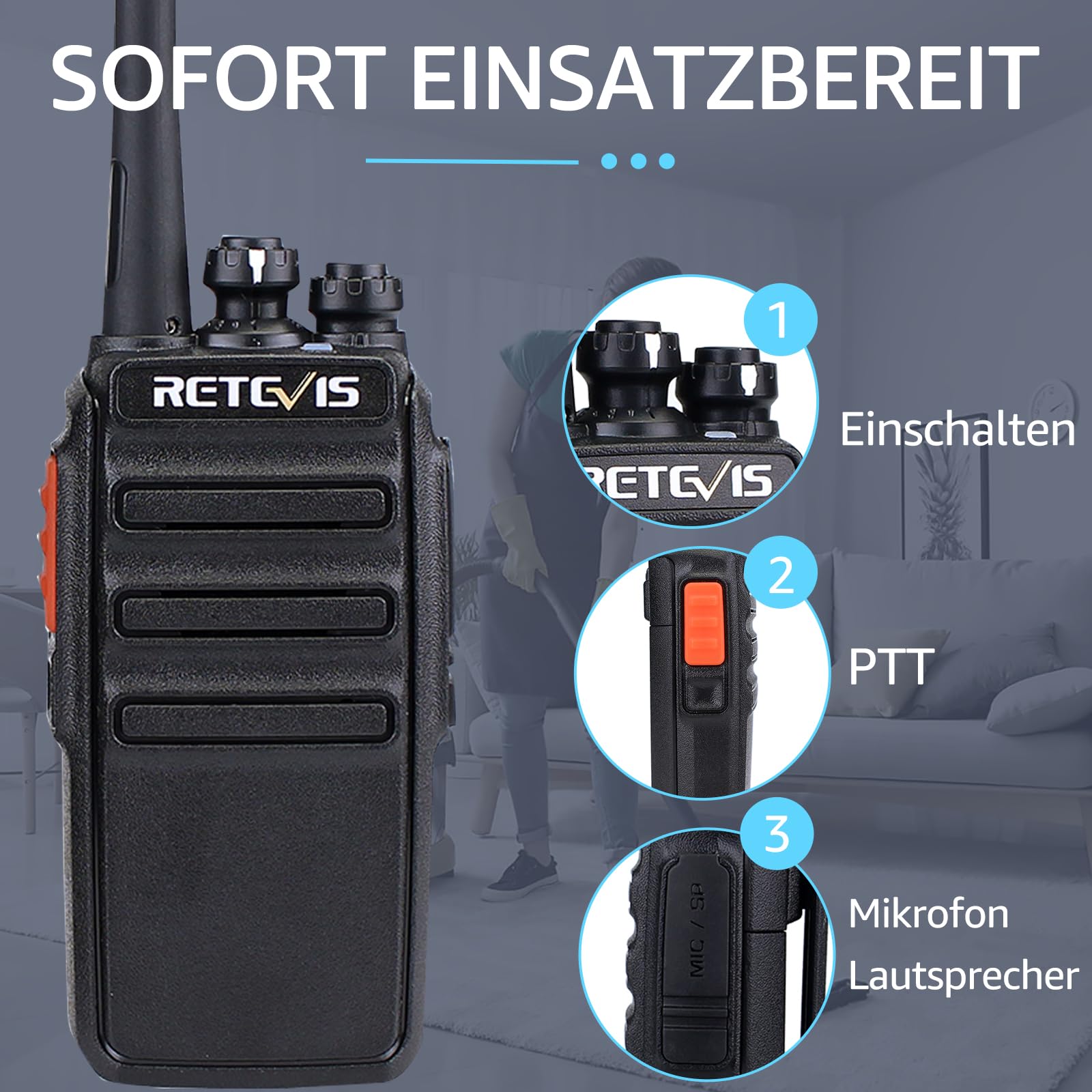 Retevis RT24 Walkie Talkie PMR446 Lizenzfreies, Professionelles Funkgerät mit Großer Reichweite und Freisprech-Walkie-Talkies für Erwachsene mit Ohrhörern und USB-Ladegerät (Schwarz, 1 Paar) 3