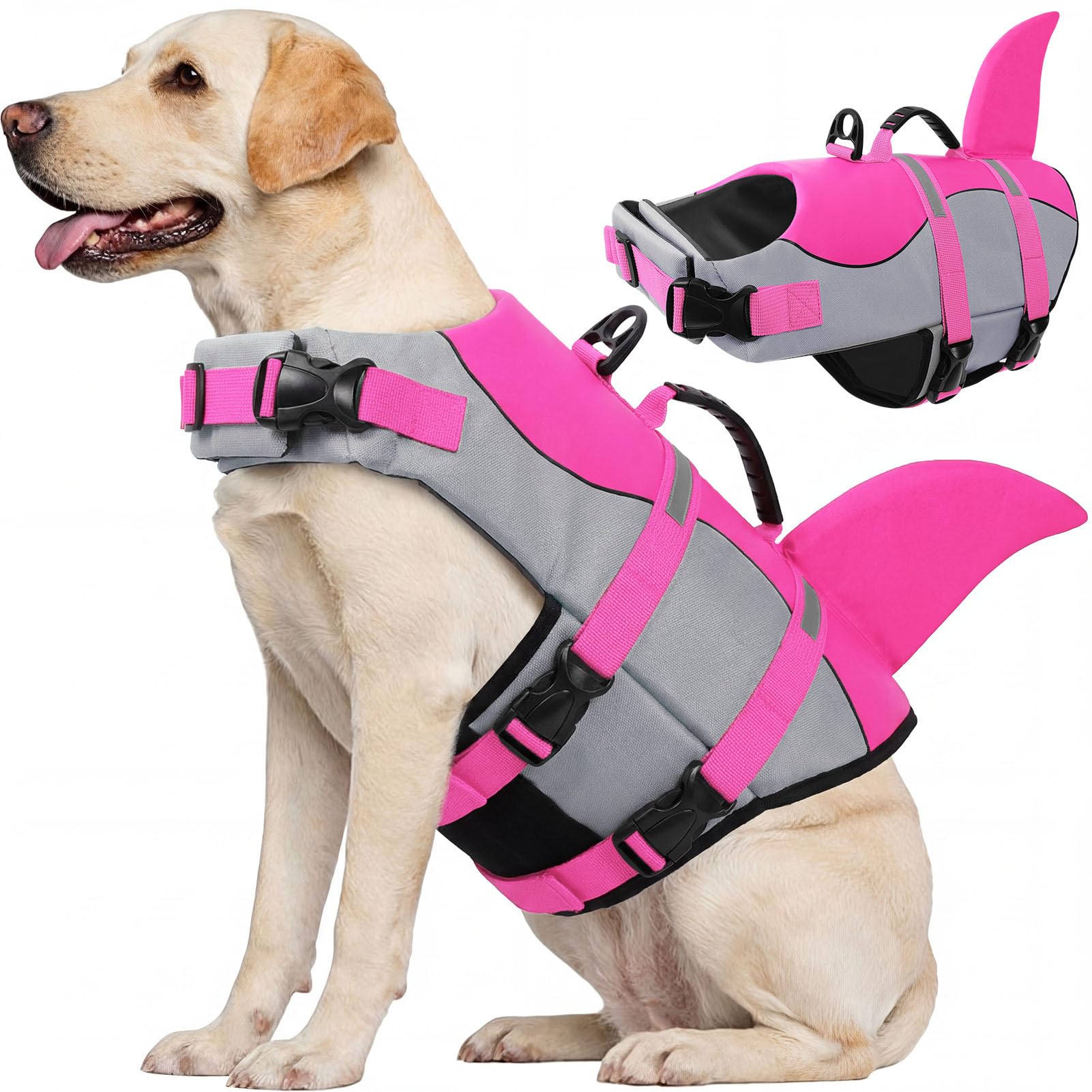 CITÉTOILE Dog Life Jacket Shark Costume, Puppy Safety Vest for Swimming Pool Beach Boating, Training Flotation Vest with Rescue Handle & Reflective Strips for Dogs, Pink, XL