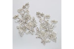 G-RUI 2pc/Pair Luxury Beaded Sequin Golden Silver Flower Embroidery lace Appliques for Wedding Dresses Rhinestone Applique Patches Embroidery lace parches ropa… (Silver)