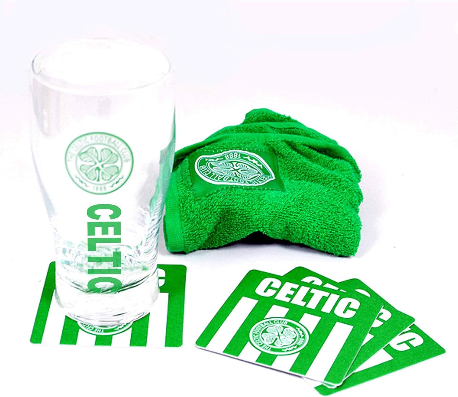 Official Celtic FC Pint Glass Mini Bar Set (Pint Glass, Coasters & Bar Towel), Green, 6 Count (Pack of 1)