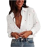 GORGLITTER Women's Valentine Heart Shirt Long Sleeve Button Up Shirt Dressy Lapel Collared Blouses Cute Casual Outfits