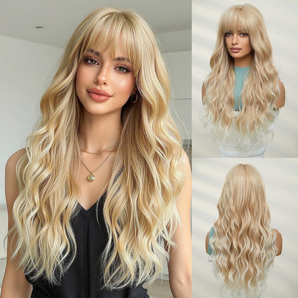 OUFEI Long Blonde Wig With Bangs Natural Wavy Wigs for Women Natural Synthetic Hair Heat Resistant Wigs for Daily Party Cosplay Wear — image 1